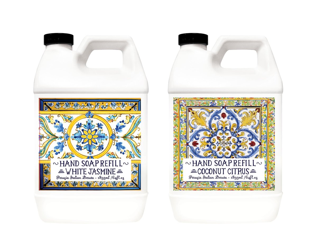 Home & Body Company Perugia Italian Deruta Hand Soap Refill Set – White Jasmine & Coconut Citrus, 64 Fl Oz Bottles (2-Pack) Avelisse