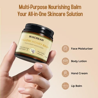 Hicream Beef Tallow and Honey Balm - 100% Organic Grass-Fed Beef Tallow Face & Body Moisturizer for Dry, Cracked, Sensitive Skin - Unscented, 4 Oz