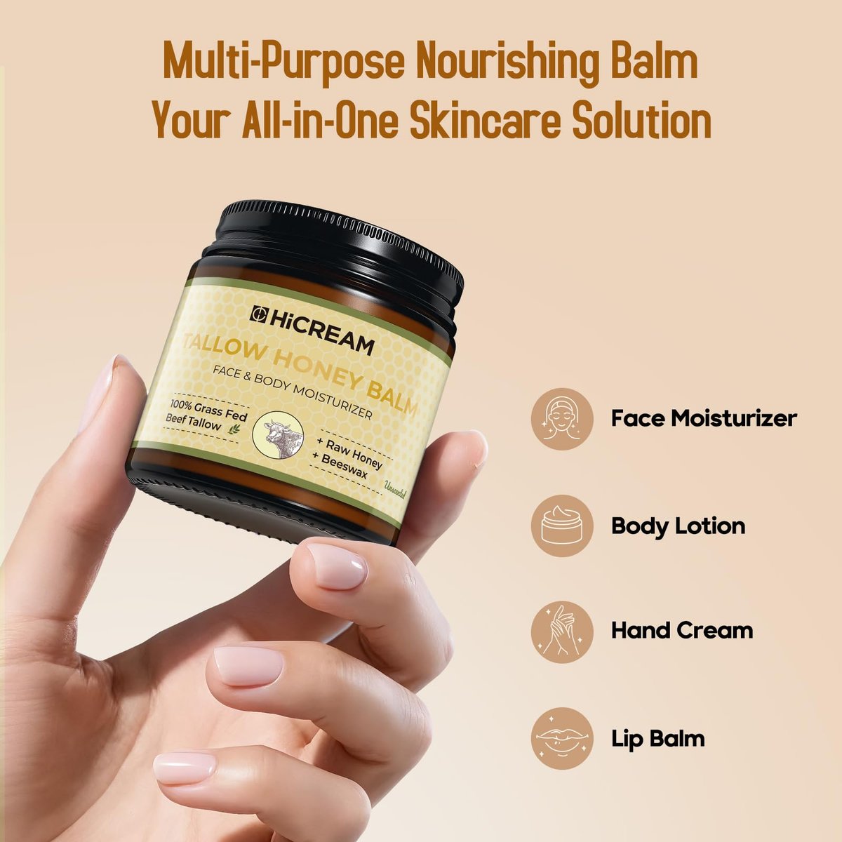 Hicream Beef Tallow and Honey Balm - 100% Organic Grass-Fed Beef Tallow Face & Body Moisturizer for Dry, Cracked, Sensitive Skin - Unscented, 4 Oz - görsel 15
