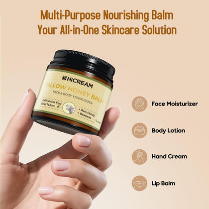 Hicream Beef Tallow and Honey Balm - 100% Organic Grass-Fed Beef Tallow Face & Body Moisturizer for Dry, Cracked, Sensitive Skin - Unscented, 4 Oz