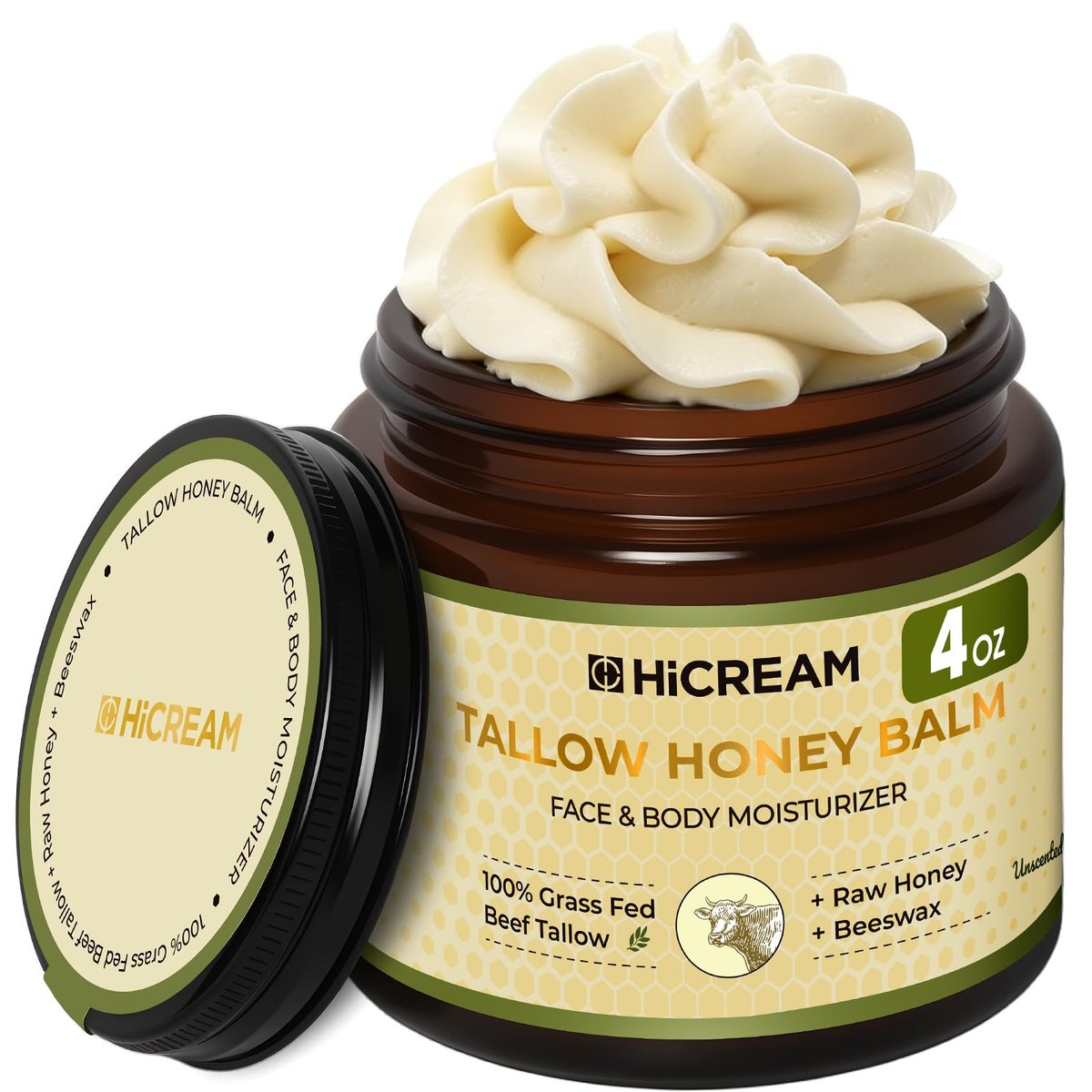 Hicream Beef Tallow and Honey Balm - 100% Organic Grass-Fed Beef Tallow Face & Body Moisturizer for Dry, Cracked, Sensitive Skin - Unscented, 4 Oz - görsel 1