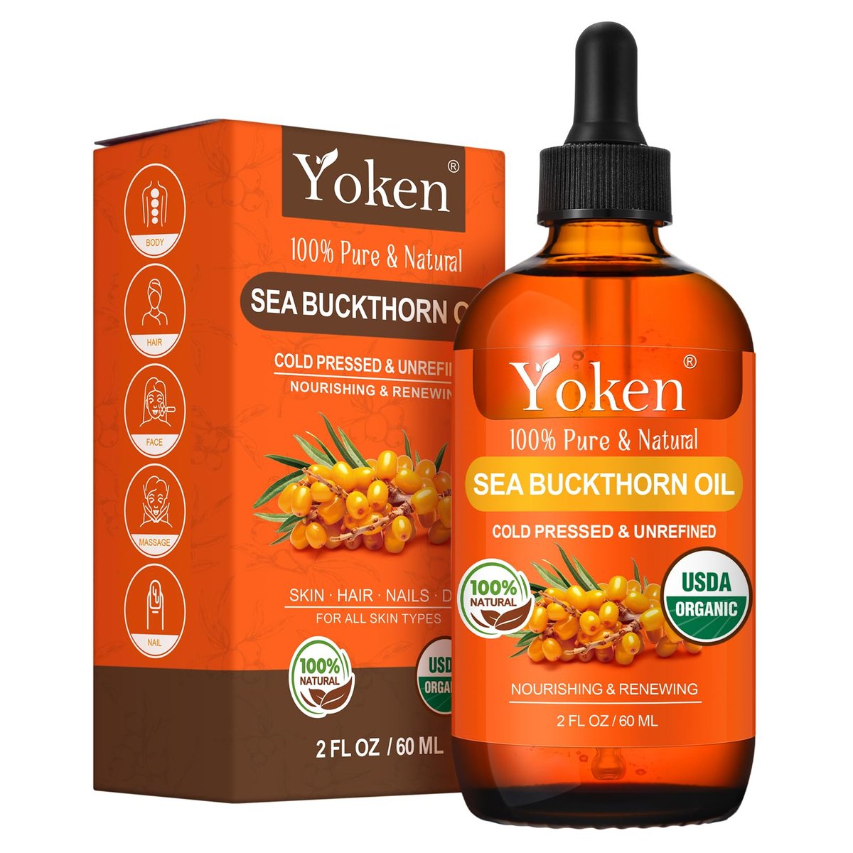 Organic Sea Buckthorn Oil for Face, Hair & Nails - 2oz Cold Pressed Natural Facial Oil for Deep Hydration & Skin Nourishment Avelisse