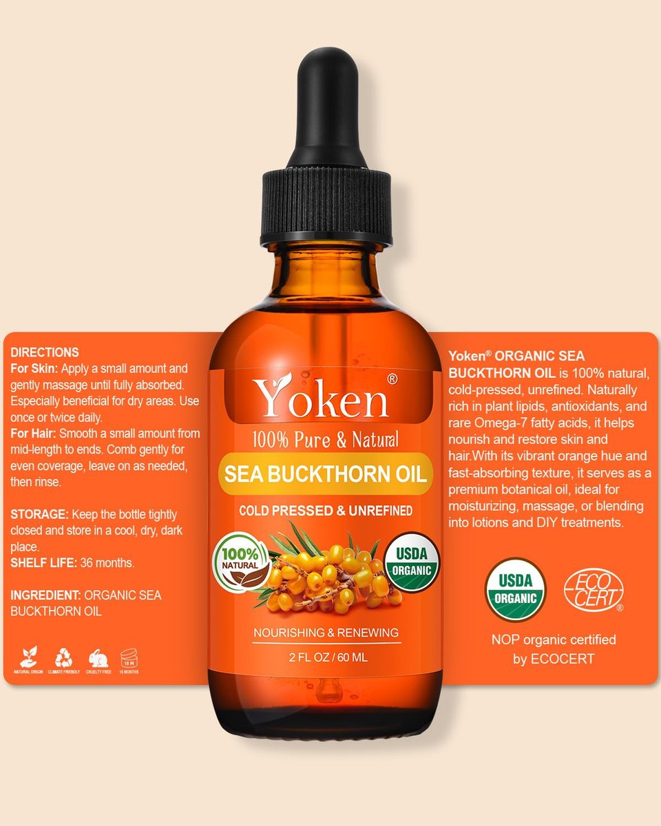 Organic Sea Buckthorn Oil for Face, Hair & Nails - 2oz Cold Pressed Natural Facial Oil for Deep Hydration & Skin Nourishment Avelisse