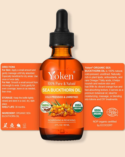 Organic Sea Buckthorn Oil for Face, Hair & Nails - 2oz Cold Pressed Natural Facial Oil for Deep Hydration & Skin Nourishment Avelisse