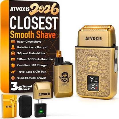 All-Metal Close Shave 3-Speed Foil Shaver for Men - 10,000 RPM Electric Nose & Ear Hair Trimmer, Cordless Rechargeable USB-C, Travel Case (Bronze) Avelisse
