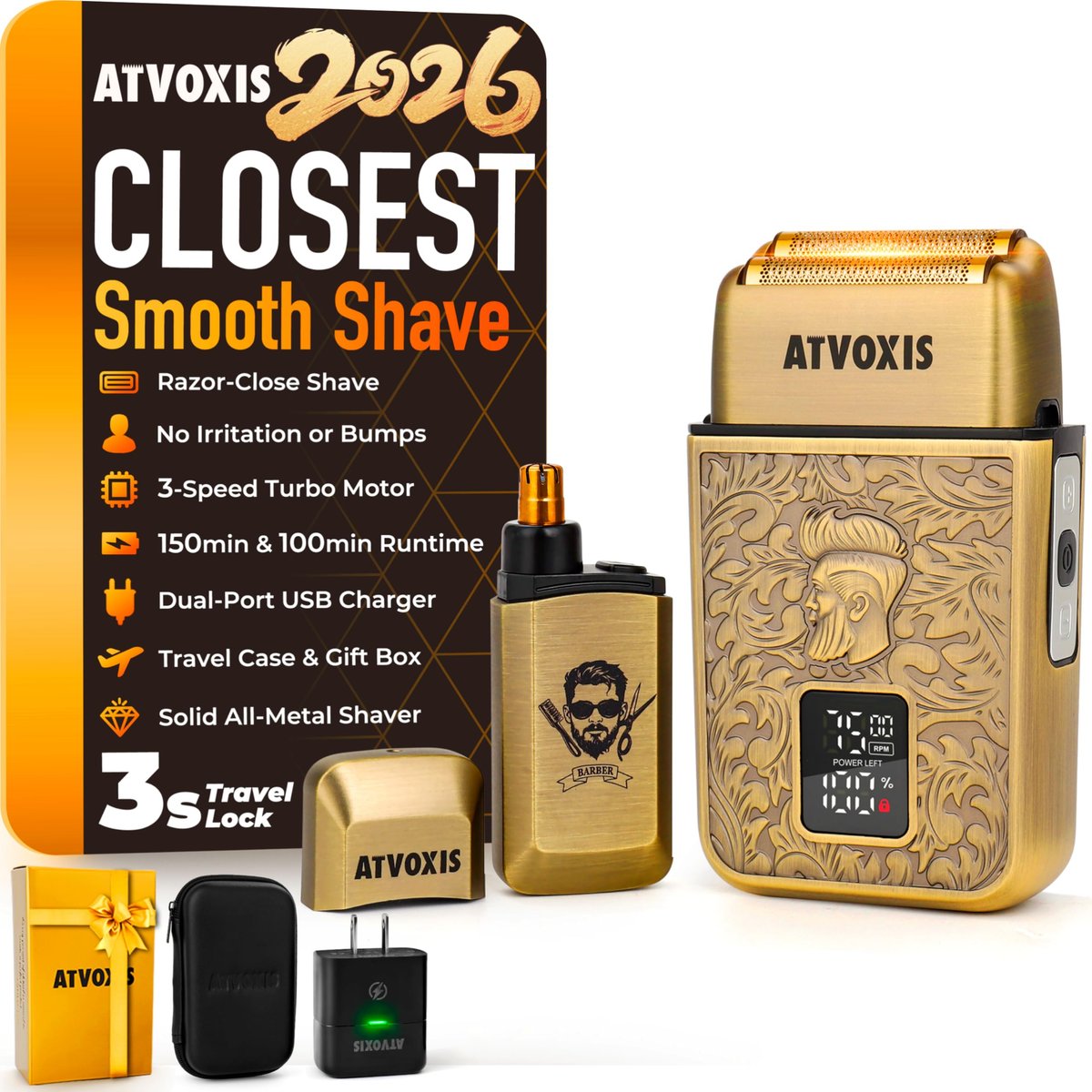 All-Metal Close Shave 3-Speed Foil Shaver for Men - 10,000 RPM Electric Nose & Ear Hair Trimmer, Cordless Rechargeable USB-C, Travel Case (Bronze) Avelisse