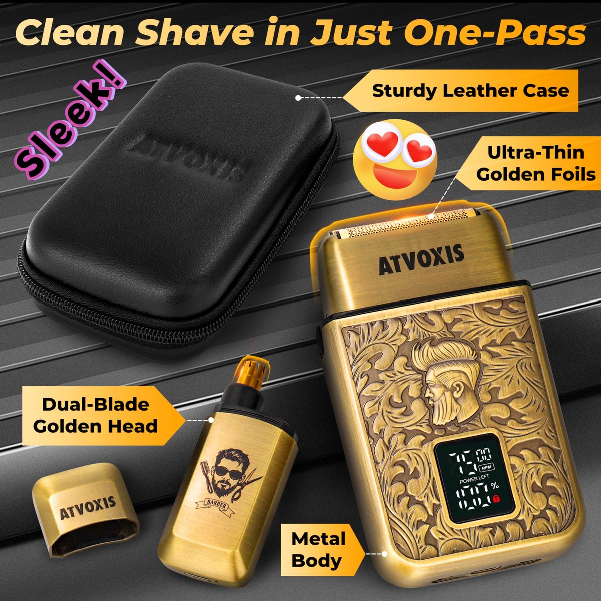 All-Metal Close Shave 3-Speed Foil Shaver for Men - 10,000 RPM Electric Nose & Ear Hair Trimmer, Cordless Rechargeable USB-C, Travel Case (Bronze) Avelisse