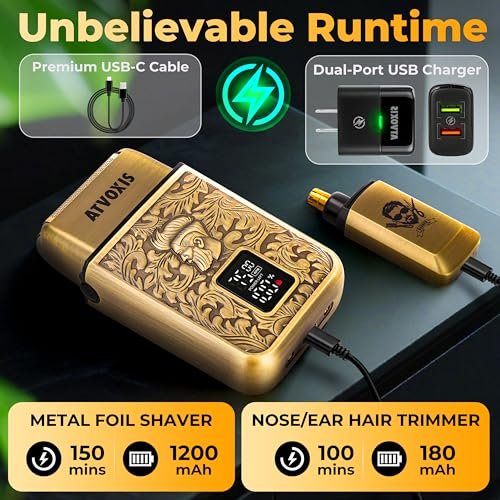 All-Metal Close Shave 3-Speed Foil Shaver for Men - 10,000 RPM Electric Nose & Ear Hair Trimmer, Cordless Rechargeable USB-C, Travel Case (Bronze) Avelisse