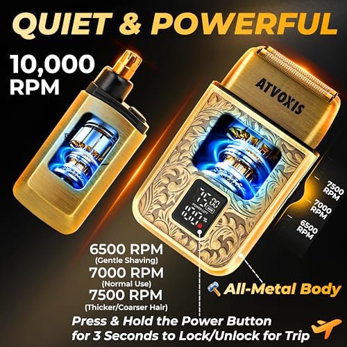 All-Metal Close Shave 3-Speed Foil Shaver for Men - 10,000 RPM Electric Nose & Ear Hair Trimmer, Cordless Rechargeable USB-C, Travel Case (Bronze) Avelisse
