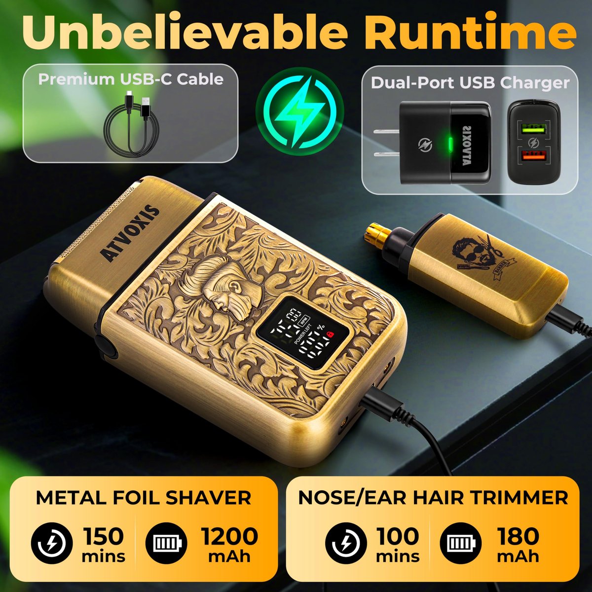 All-Metal Close Shave 3-Speed Foil Shaver for Men - 10,000 RPM Electric Nose & Ear Hair Trimmer, Cordless Rechargeable USB-C, Travel Case (Bronze) Avelisse