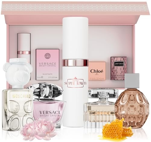 Scentown Mini Perfumes for Women (Set of 5) – Designer Perfume Samples – Moschino, Jimmy Choo, Chloé, Versace & Refillable Atomizer in Gift Box Avelisse