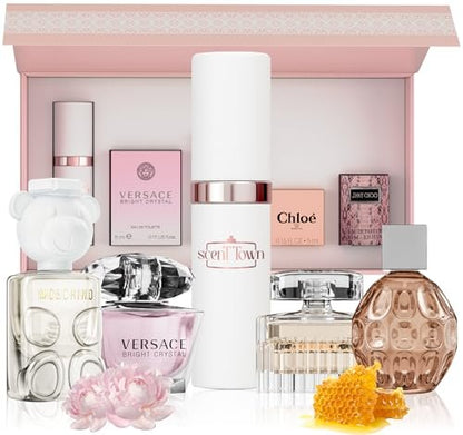 Scentown Mini Perfumes for Women (Set of 5) – Designer Perfume Samples – Moschino, Jimmy Choo, Chloé, Versace & Refillable Atomizer in Gift Box Avelisse
