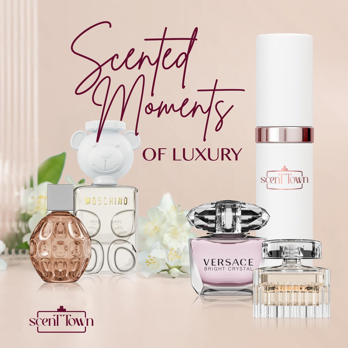 Scentown Mini Perfumes for Women (Set of 5) – Designer Perfume Samples – Moschino, Jimmy Choo, Chloé, Versace & Refillable Atomizer in Gift Box Avelisse
