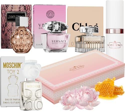 Scentown Mini Perfumes for Women (Set of 5) – Designer Perfume Samples – Moschino, Jimmy Choo, Chloé, Versace & Refillable Atomizer in Gift Box Avelisse