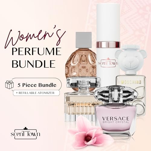 Scentown Mini Perfumes for Women (Set of 5) – Designer Perfume Samples – Moschino, Jimmy Choo, Chloé, Versace & Refillable Atomizer in Gift Box Avelisse