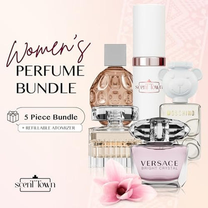 Scentown Mini Perfumes for Women (Set of 5) – Designer Perfume Samples – Moschino, Jimmy Choo, Chloé, Versace & Refillable Atomizer in Gift Box Avelisse