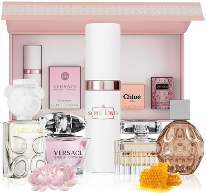 Scentown Mini Perfumes for Women (Set of 5) – Designer Perfume Samples – Moschino, Jimmy Choo, Chloé, Versace & Refillable Atomizer in Gift Box Avelisse