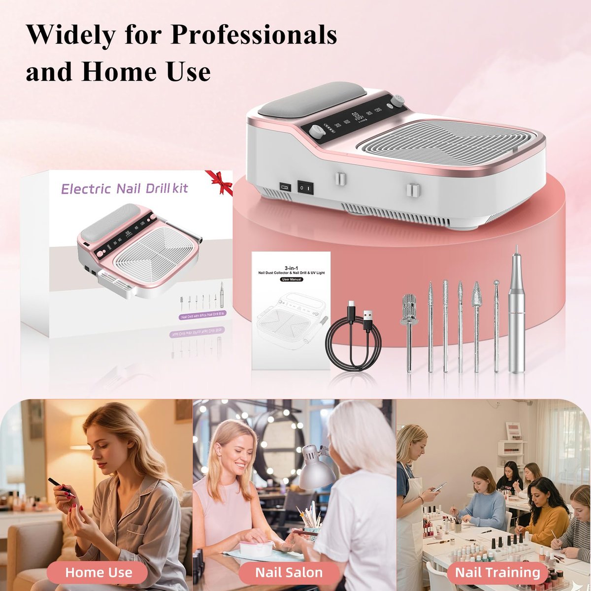 3-in-1 Nail Dust Collector, Electric Nail Drill & UV LED Nail Lamp – 5 Suction Modes, Stepless Speed, Cordless 8000mAh, for Home & Salon - görsel 11