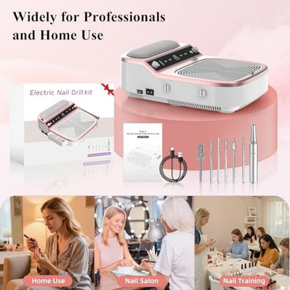 3-in-1 Nail Dust Collector, Electric Nail Drill & UV LED Nail Lamp – 5 Suction Modes, Stepless Speed, Cordless 8000mAh, for Home & Salon