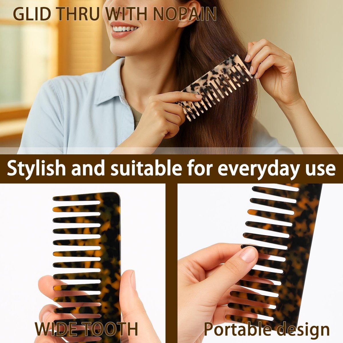 Large Hair Wide Tooth Combs, 2 Pack Cellulose Acetate Detangling Combs for Women Thick Curly Wavy Wet Dry Hair (Tortoise Shell, Ivory) - görsel 4