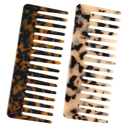 Large Hair Wide Tooth Combs, 2 Pack Cellulose Acetate Detangling Combs for Women Thick Curly Wavy Wet Dry Hair (Tortoise Shell, Ivory)