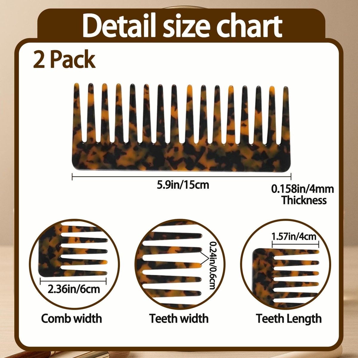 Large Hair Wide Tooth Combs, 2 Pack Cellulose Acetate Detangling Combs for Women Thick Curly Wavy Wet Dry Hair (Tortoise Shell, Ivory) - görsel 8