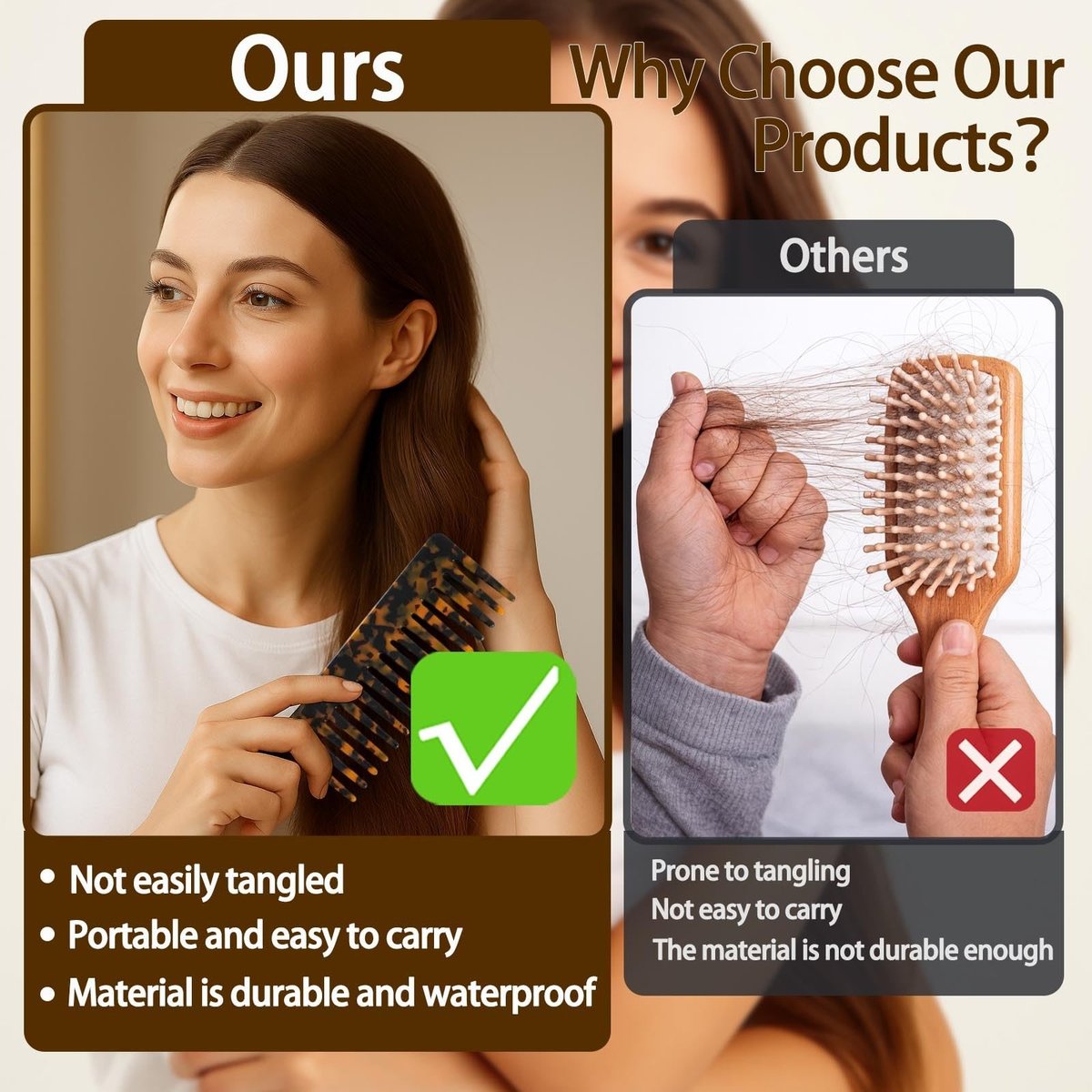 Large Hair Wide Tooth Combs, 2 Pack Cellulose Acetate Detangling Combs for Women Thick Curly Wavy Wet Dry Hair (Tortoise Shell, Ivory) - görsel 6