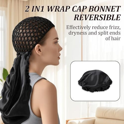 2-in-1 Reversible Wrap Cap Bonnet with Net Band – Adjustable Double Layered Hair Wrap for Sleeping, Silk Press, Braids, and Curly Hair Avelisse