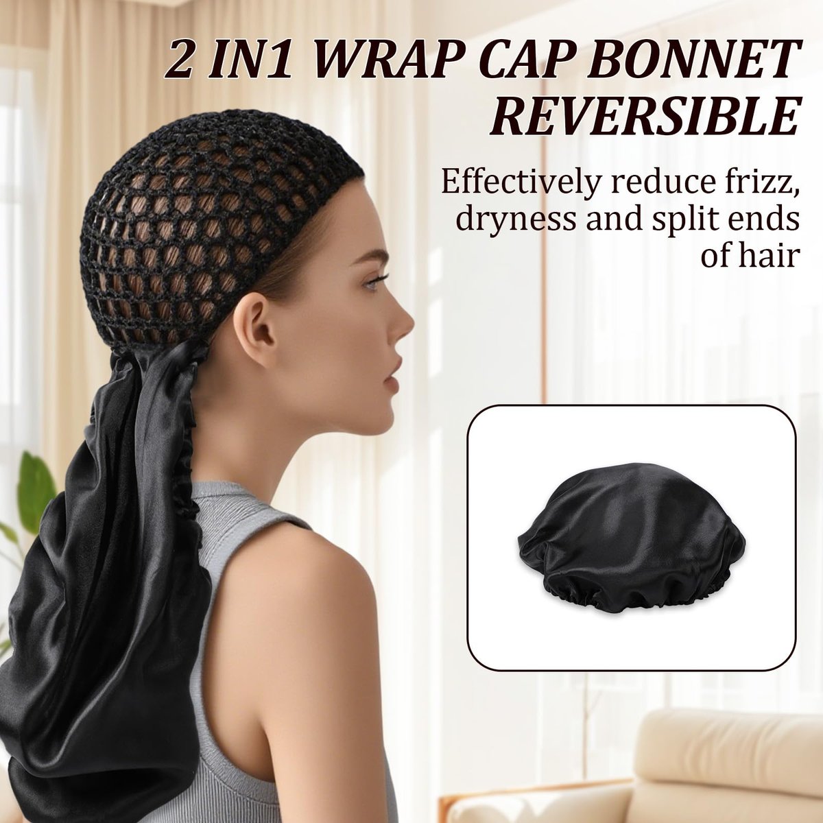 2-in-1 Reversible Wrap Cap Bonnet with Net Band – Adjustable Double Layered Hair Wrap for Sleeping, Silk Press, Braids, and Curly Hair Avelisse