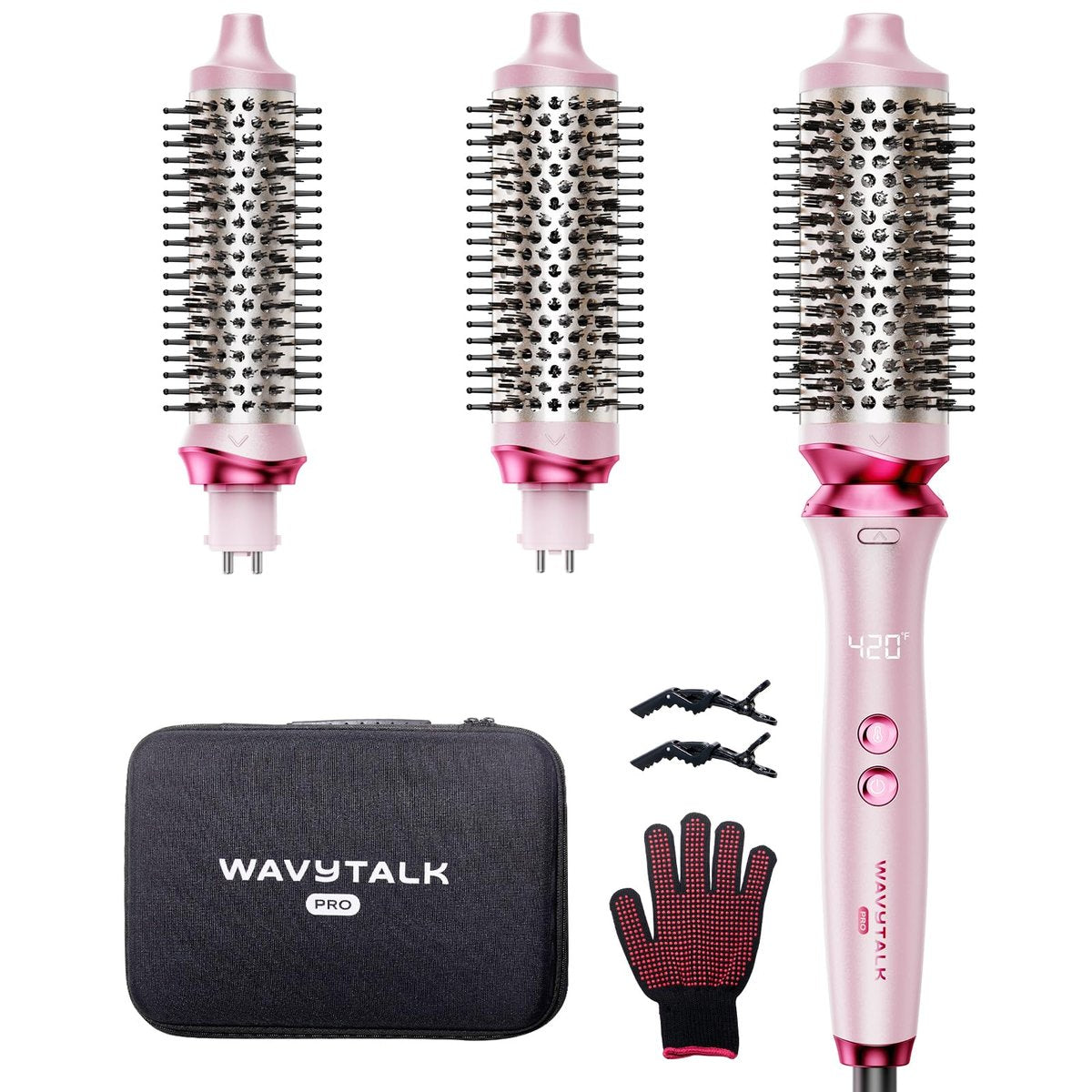 Wavytalk Heatwave Pro Ionic Thermal Brush Set, 3-Size Heated Round Brush for Short to Long Hair, Bilateral Negative Ions for Frizz-Free Shiny Blowout, Pink Avelisse
