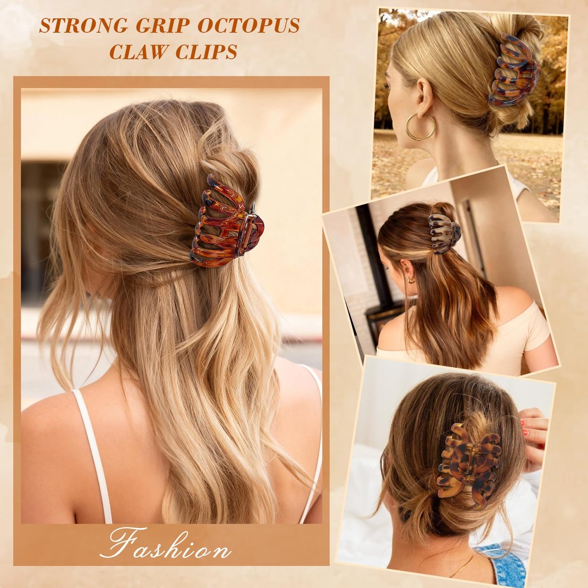 4 PCS 3.8" Octopus Hair Claw Clips, Large Tortoise Shell Claw Clips for Women Girls, Strong Grip for Thick Hair, Hair Accessories for Girls Gifts - görsel 3