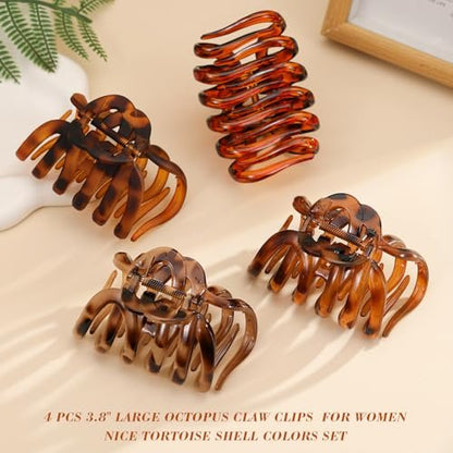 4 PCS 3.8" Octopus Hair Claw Clips, Large Tortoise Shell Claw Clips for Women Girls, Strong Grip for Thick Hair, Hair Accessories for Girls Gifts