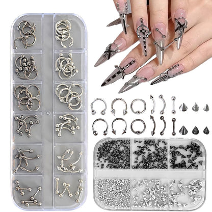 KACHIMOO Nail Piercing Charms – 2 Boxes Metal Punk Goth Studs Silver Black Y2K Nail Charms for Nail Art Decoration Avelisse