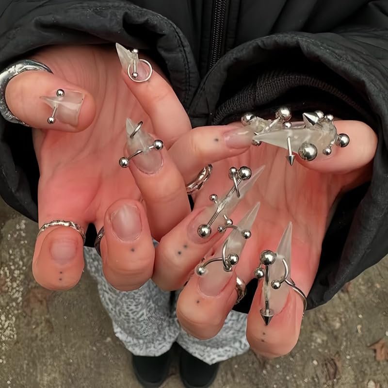 KACHIMOO Nail Piercing Charms – 2 Boxes Metal Punk Goth Studs Silver Black Y2K Nail Charms for Nail Art Decoration Avelisse