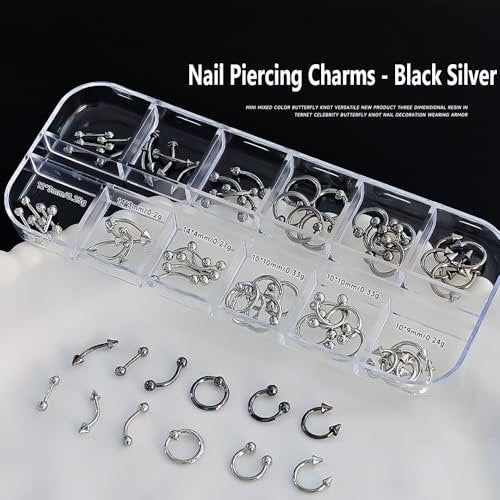 KACHIMOO Nail Piercing Charms – 2 Boxes Metal Punk Goth Studs Silver Black Y2K Nail Charms for Nail Art Decoration Avelisse