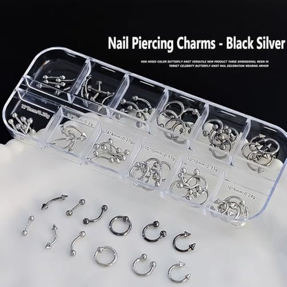 KACHIMOO Nail Piercing Charms – 2 Boxes Metal Punk Goth Studs Silver Black Y2K Nail Charms for Nail Art Decoration Avelisse