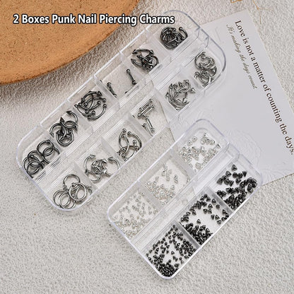 KACHIMOO Nail Piercing Charms – 2 Boxes Metal Punk Goth Studs Silver Black Y2K Nail Charms for Nail Art Decoration Avelisse