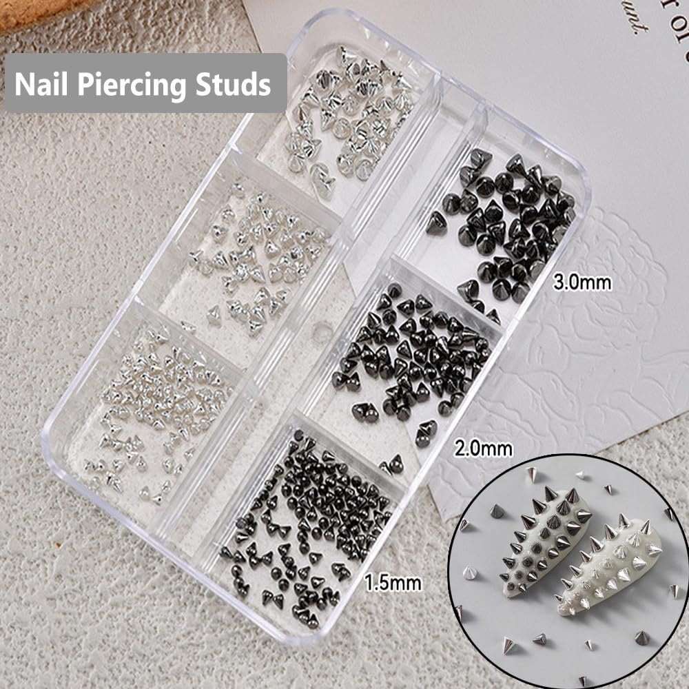 KACHIMOO Nail Piercing Charms – 2 Boxes Metal Punk Goth Studs Silver Black Y2K Nail Charms for Nail Art Decoration Avelisse