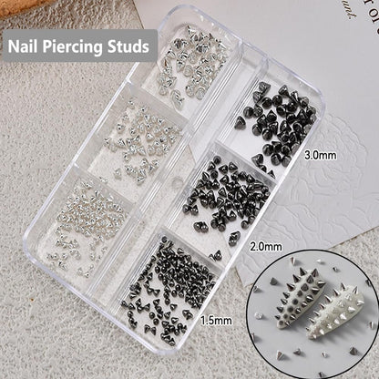 KACHIMOO Nail Piercing Charms – 2 Boxes Metal Punk Goth Studs Silver Black Y2K Nail Charms for Nail Art Decoration Avelisse