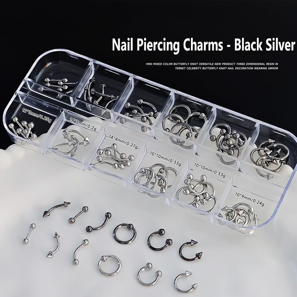 KACHIMOO Nail Piercing Charms – 2 Boxes Metal Punk Goth Studs Silver Black Y2K Nail Charms for Nail Art Decoration Avelisse