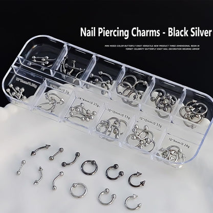 KACHIMOO Nail Piercing Charms – 2 Boxes Metal Punk Goth Studs Silver Black Y2K Nail Charms for Nail Art Decoration Avelisse