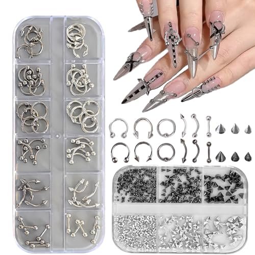 KACHIMOO Nail Piercing Charms – 2 Boxes Metal Punk Goth Studs Silver Black Y2K Nail Charms for Nail Art Decoration Avelisse
