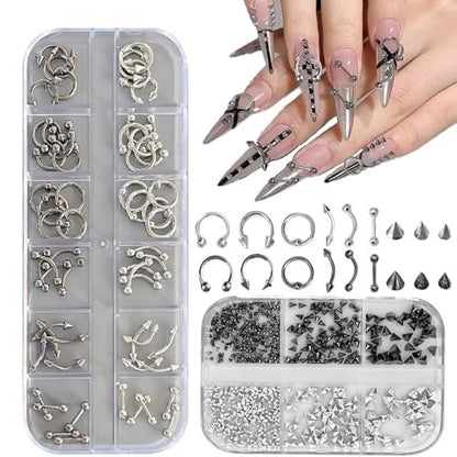 KACHIMOO Nail Piercing Charms – 2 Boxes Metal Punk Goth Studs Silver Black Y2K Nail Charms for Nail Art Decoration Avelisse