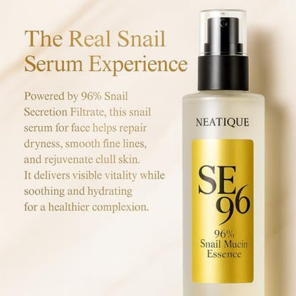 Neatique SE96 Advanced Snail 96% Mucin Power Essence 120ml - Hydrating & Repairing Snail Mucin Serum for Face with Snail Secretion Filtrate, 4 fl.oz Avelisse