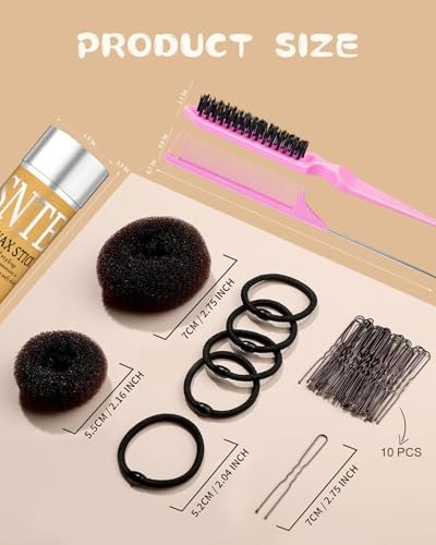 Hair Bun Maker Kit for Kids, Girls & Women - 4 Donut Sock Buns, Wax Stick, Elastic Bands, Hair Pins, Brushes - Control Frizz & Smooth Flyaways for Perfect Buns & Updos - görsel 18