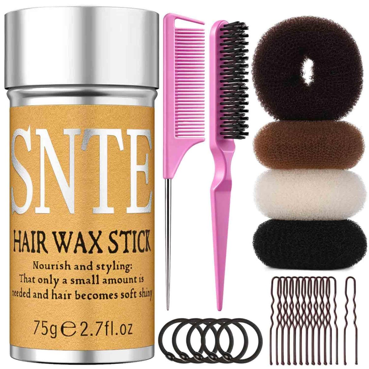 Hair Bun Maker Kit for Kids, Girls & Women - 4 Donut Sock Buns, Wax Stick, Elastic Bands, Hair Pins, Brushes - Control Frizz & Smooth Flyaways for Perfect Buns & Updos - görsel 1