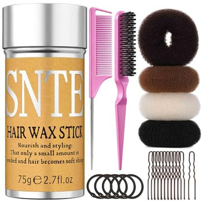Hair Bun Maker Kit for Kids, Girls & Women - 4 Donut Sock Buns, Wax Stick, Elastic Bands, Hair Pins, Brushes - Control Frizz & Smooth Flyaways for Perfect Buns & Updos