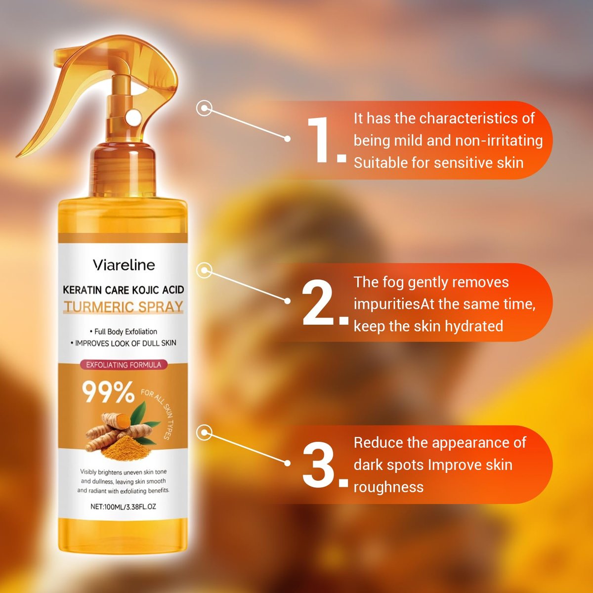 Peel Shot Keratin Care Kojic Acid Turmeric Spray – Exfoliating Body Spray with Retinol & Niacinamide for Face & Body, All Skin Types (100ml) Avelisse