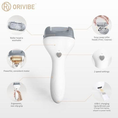 Orivibe Electric Callus Remover for Feet – 2 Speeds, Fine & Coarse Rollers, USB-C Rechargeable, 60-Min Runtime, Smooth Heels at Home