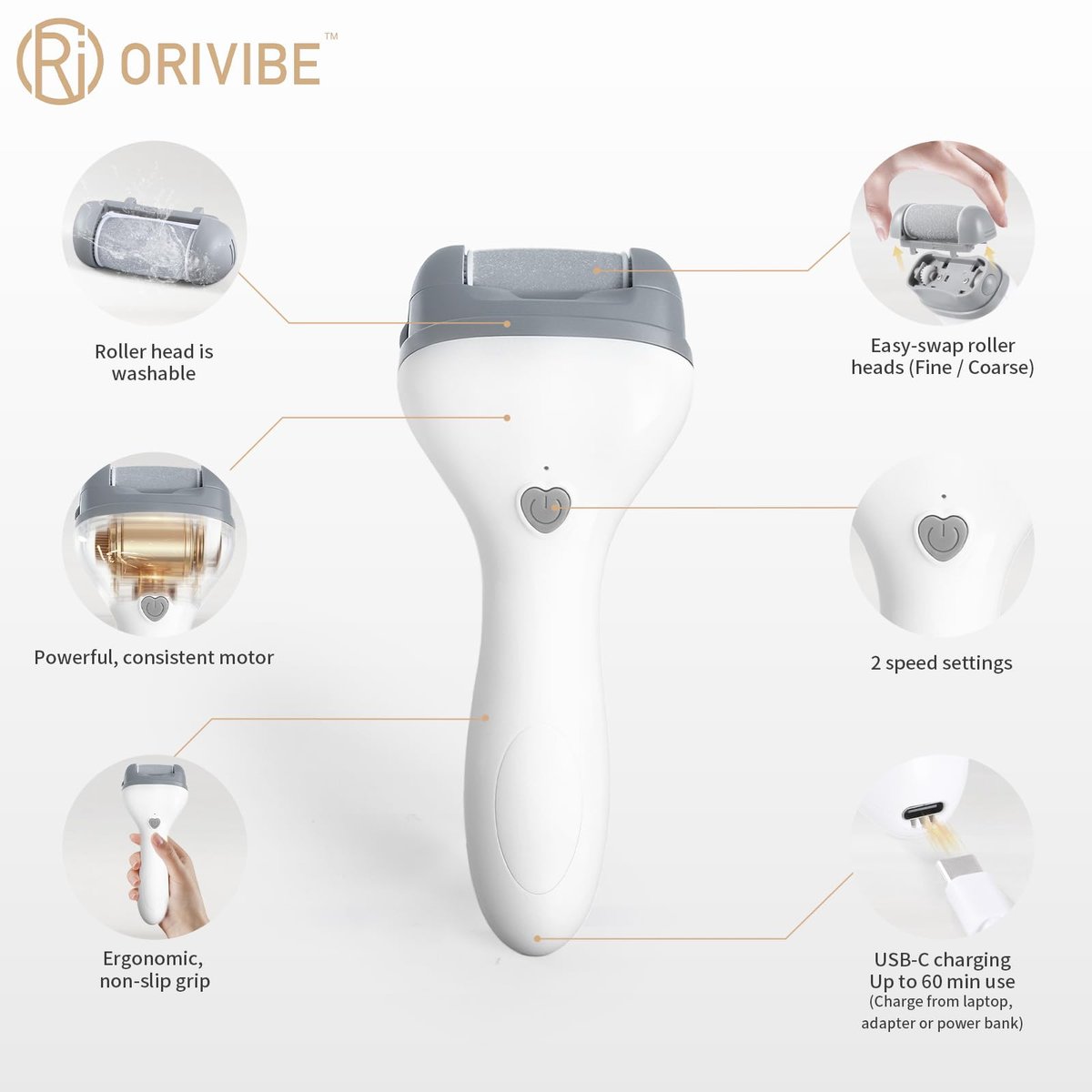 Orivibe Electric Callus Remover for Feet – 2 Speeds, Fine & Coarse Rollers, USB-C Rechargeable, 60-Min Runtime, Smooth Heels at Home - görsel 9